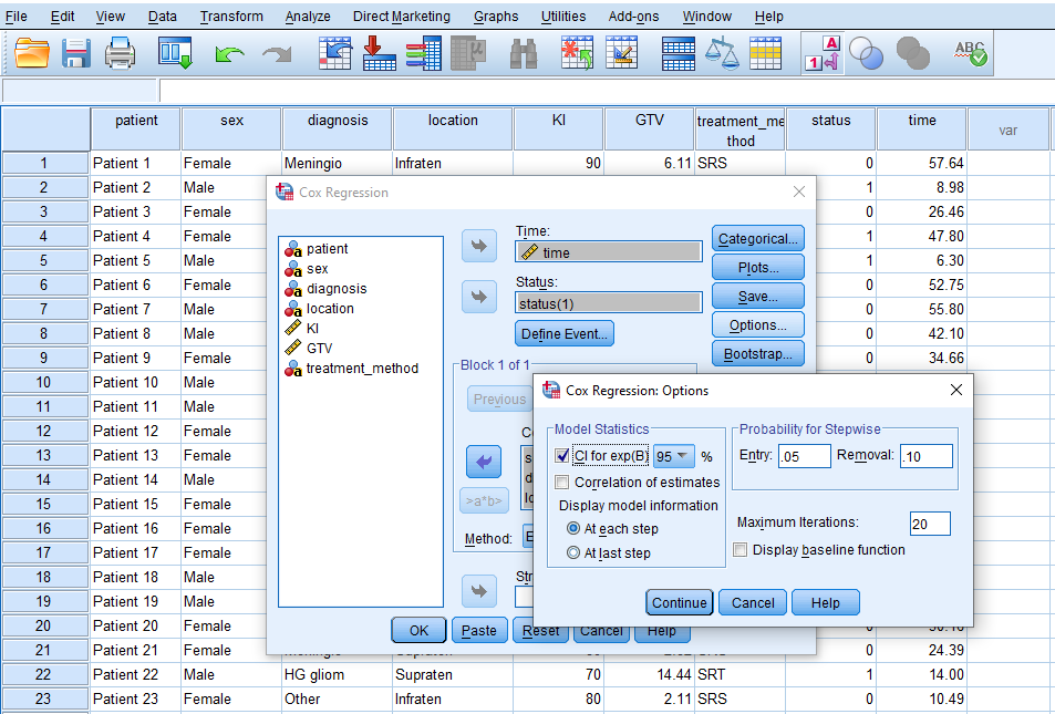 SPSS Options for Descriptive Statistics and survival plot