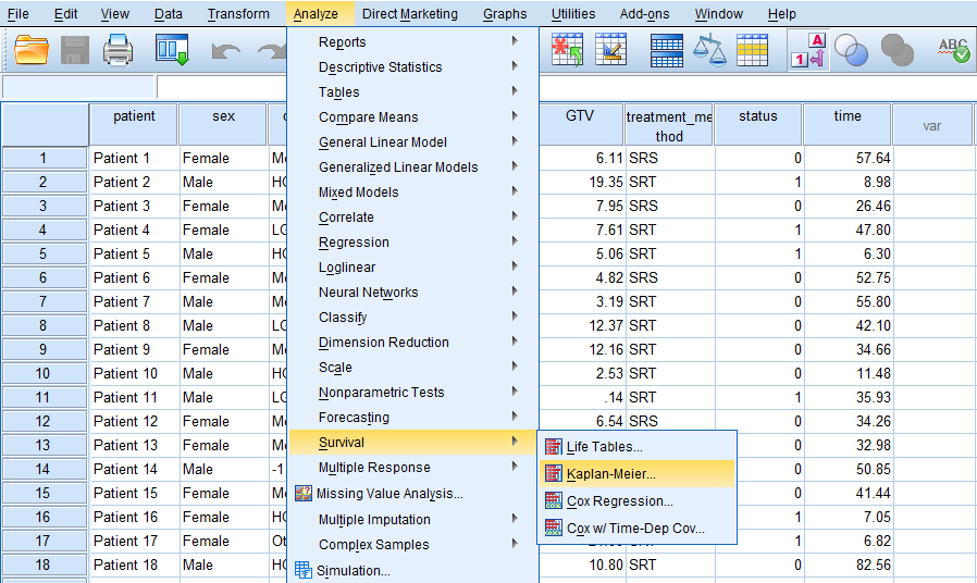 SPSS Kaplan-Meier menu