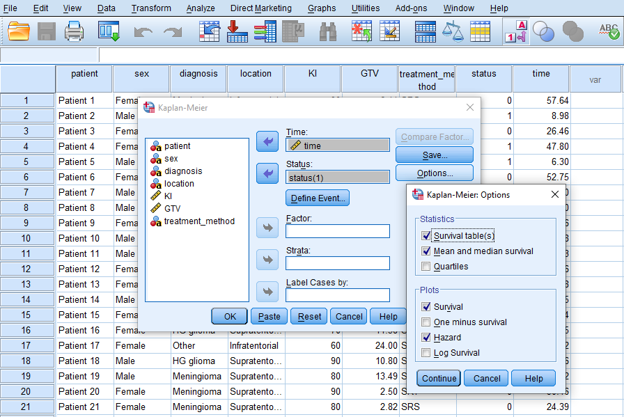 SPSS Options for Descriptive Statistics and survival plot