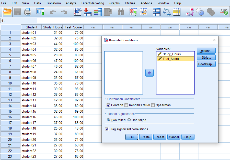 Pearson correlation in SPSS