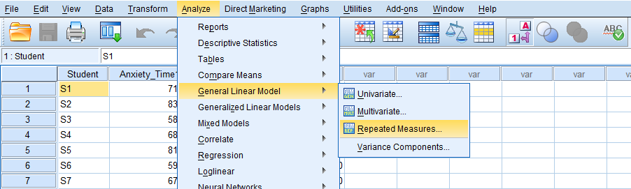 SPSS One-Way Repeated Measures ANOVA menu