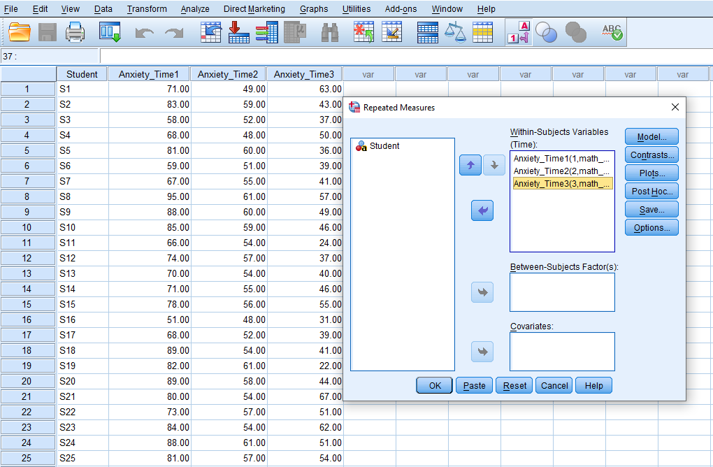 Defining the dependent variable for the repeated measures ANOVA